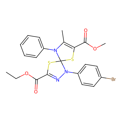 3-ethyl 7-methyl 1-(4-bromophenyl)-8-methyl-9-phenyl-4,6-dithia-1,2,9-triazaspiro[4.4]nona-2,7-diene-3,7-dicarboxylate structure