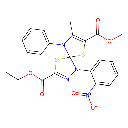 3-ethyl 7-methyl 8-methyl-1-(2-nitrophenyl)-9-phenyl-4,6-dithia-1,2,9-triazaspiro[4.4]nona-2,7-diene-3,7-dicarboxylate structure