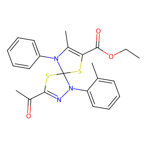 ethyl 3-acetyl-8-methyl-1-(2-methylphenyl)-9-phenyl-4,6-dithia-1,2,9-triazaspiro[4.4]nona-2,7-diene-7-carboxylate structure