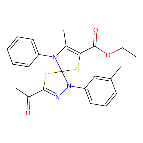 ethyl 3-acetyl-8-methyl-1-(3-methylphenyl)-9-phenyl-4,6-dithia-1,2,9-triazaspiro[4.4]nona-2,7-diene-7-carboxylate structure