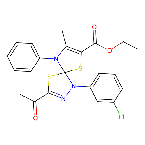 ethyl 3-acetyl-1-(3-chlorophenyl)-8-methyl-9-phenyl-4,6-dithia-1,2,9-triazaspiro[4.4]nona-2,7-diene-7-carboxylate structure