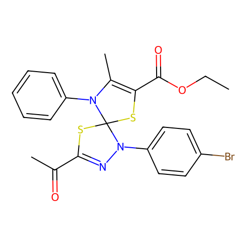 ethyl 3-acetyl-1-(4-bromophenyl)-8-methyl-9-phenyl-4,6-dithia-1,2,9-triazaspiro[4.4]nona-2,7-diene-7-carboxylate structure