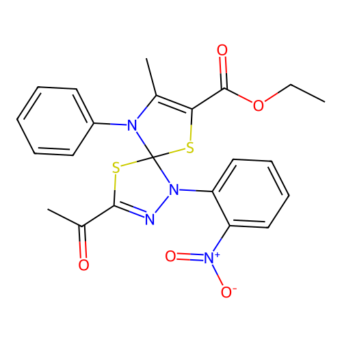 ethyl 3-acetyl-8-methyl-1-(2-nitrophenyl)-9-phenyl-4,6-dithia-1,2,9-triazaspiro[4.4]nona-2,7-diene-7-carboxylate structure