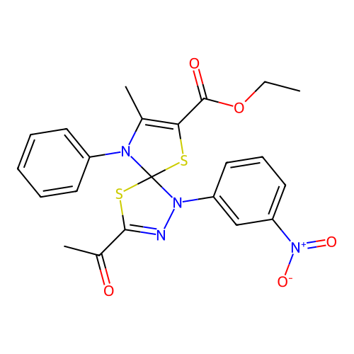 ethyl 3-acetyl-8-methyl-1-(3-nitrophenyl)-9-phenyl-4,6-dithia-1,2,9-triazaspiro[4.4]nona-2,7-diene-7-carboxylate structure