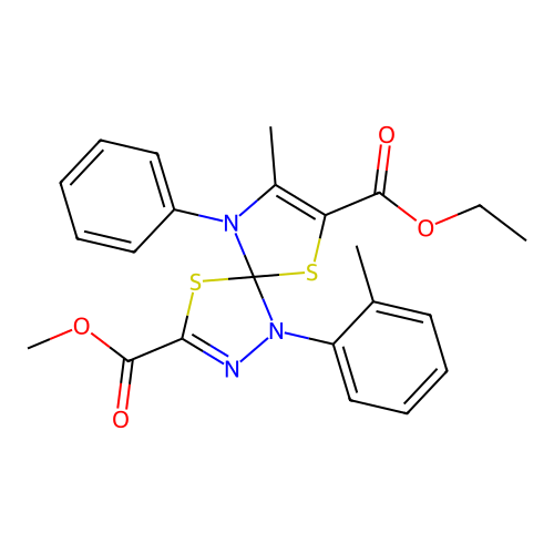 7-ethyl 3-methyl 8-methyl-1-(2-methylphenyl)-9-phenyl-4,6-dithia-1,2,9-triazaspiro[4.4]nona-2,7-diene-3,7-dicarboxylate structure
