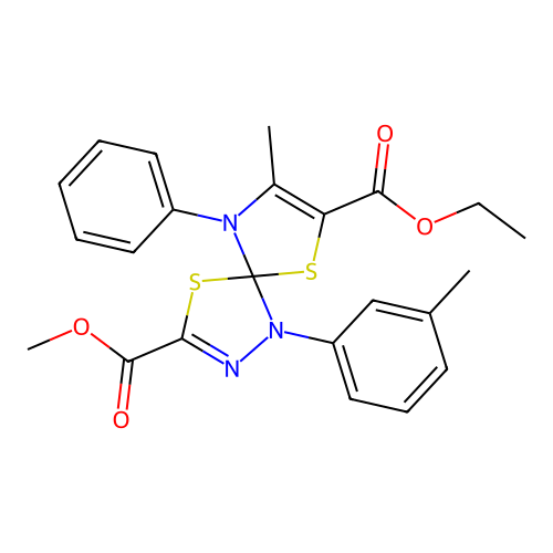 7-ethyl 3-methyl 8-methyl-1-(3-methylphenyl)-9-phenyl-4,6-dithia-1,2,9-triazaspiro[4.4]nona-2,7-diene-3,7-dicarboxylate structure
