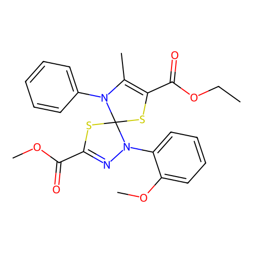 7-ethyl 3-methyl 1-(2-methoxyphenyl)-8-methyl-9-phenyl-4,6-dithia-1,2,9-triazaspiro[4.4]nona-2,7-diene-3,7-dicarboxylate structure