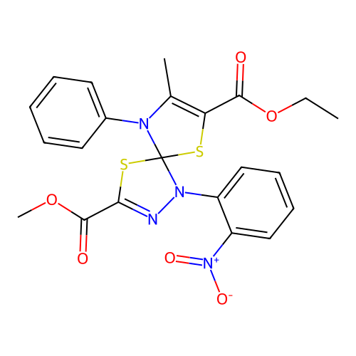 7-ethyl 3-methyl 8-methyl-1-(2-nitrophenyl)-9-phenyl-4,6-dithia-1,2,9-triazaspiro[4.4]nona-2,7-diene-3,7-dicarboxylate structure