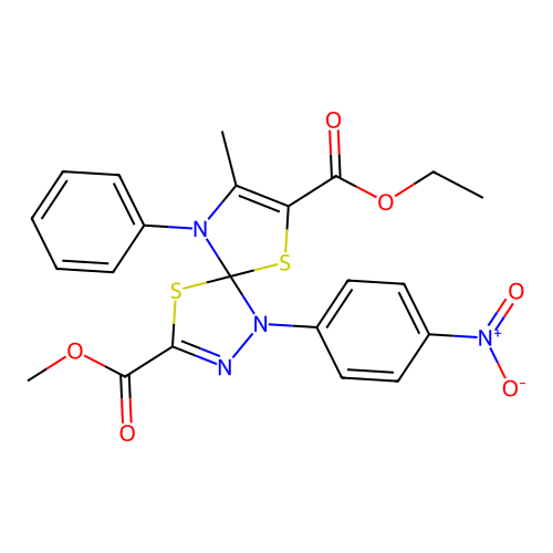 7-ethyl 3-methyl 8-methyl-1-(4-nitrophenyl)-9-phenyl-4,6-dithia-1,2,9-triazaspiro[4.4]nona-2,7-diene-3,7-dicarboxylate structure
