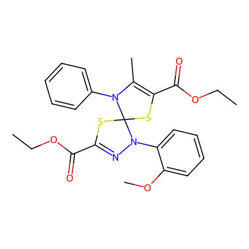 diethyl 1-(2-methoxyphenyl)-8-methyl-9-phenyl-4,6-dithia-1,2,9-triazaspiro[4.4]nona-2,7-diene-3,7-dicarboxylate structure