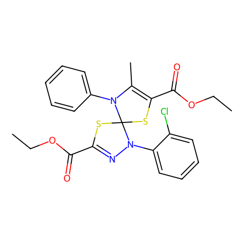 diethyl 1-(2-chlorophenyl)-8-methyl-9-phenyl-4,6-dithia-1,2,9-triazaspiro[4.4]nona-2,7-diene-3,7-dicarboxylate structure