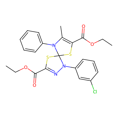 diethyl 1-(3-chlorophenyl)-8-methyl-9-phenyl-4,6-dithia-1,2,9-triazaspiro[4.4]nona-2,7-diene-3,7-dicarboxylate structure