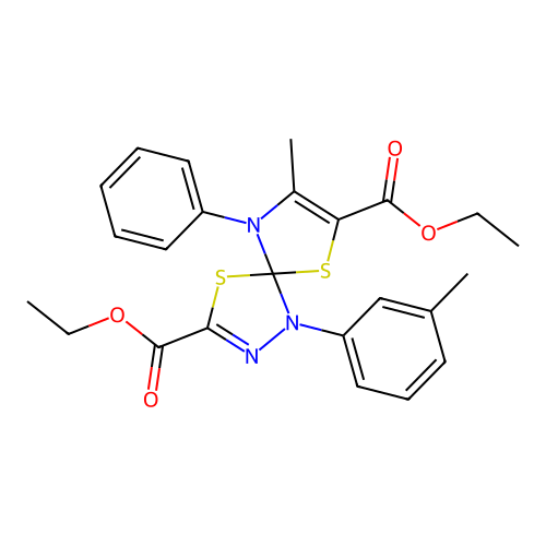 diethyl 8-methyl-1-(3-methylphenyl)-9-phenyl-4,6-dithia-1,2,9-triazaspiro[4.4]nona-2,7-diene-3,7-dicarboxylate structure