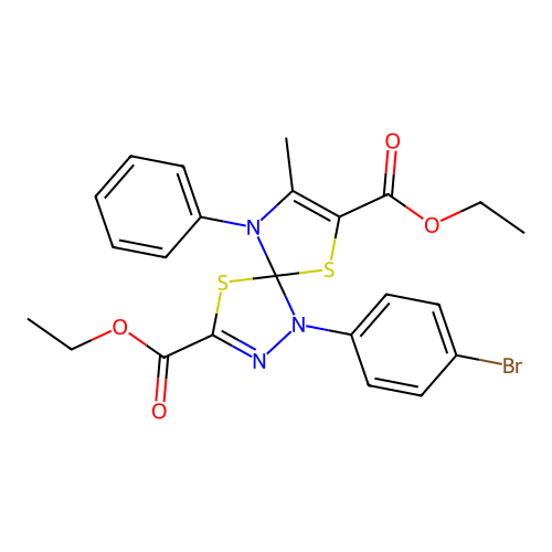 diethyl 1-(4-bromophenyl)-8-methyl-9-phenyl-4,6-dithia-1,2,9-triazaspiro[4.4]nona-2,7-diene-3,7-dicarboxylate structure