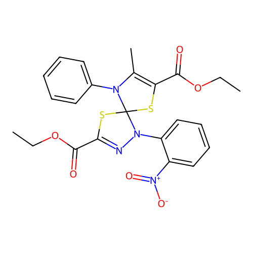 diethyl 8-methyl-1-(2-nitrophenyl)-9-phenyl-4,6-dithia-1,2,9-triazaspiro[4.4]nona-2,7-diene-3,7-dicarboxylate structure