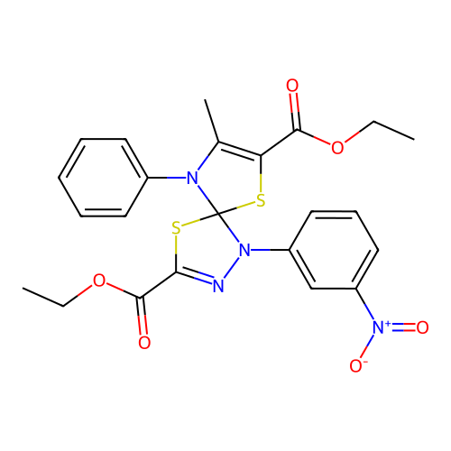 diethyl 8-methyl-1-(3-nitrophenyl)-9-phenyl-4,6-dithia-1,2,9-triazaspiro[4.4]nona-2,7-diene-3,7-dicarboxylate structure