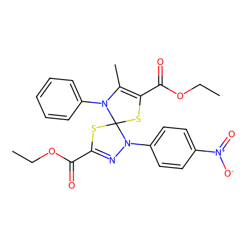 diethyl 8-methyl-1-(4-nitrophenyl)-9-phenyl-4,6-dithia-1,2,9-triazaspiro[4.4]nona-2,7-diene-3,7-dicarboxylate structure