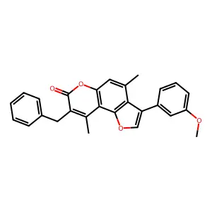 8-benzyl-3-(3-methoxyphenyl)-4,9-dimethyl-7H-furo[2,3-f]chromen-7-one structure