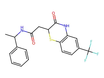 2-[3-oxo-6-(trifluoromethyl)-3,4-dihydro-2H-1,4-benzothiazin-2-yl]-N-(1-phenylethyl)acetamide structure