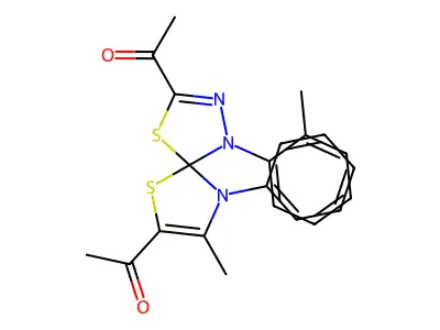 1,1'-(8-methyl-9-phenyl-1-(o-tolyl)-4,6-dithia-1,2,9-triazaspiro[4.4]nona-2,7-diene-3,7-diyl)diethanone structure