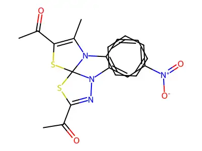 1,1'-(8-methyl-1-(3-nitrophenyl)-9-phenyl-4,6-dithia-1,2,9-triazaspiro[4.4]nona-2,7-diene-3,7-diyl)diethanone structure