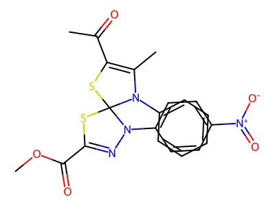 methyl 7-acetyl-8-methyl-1-(4-nitrophenyl)-9-phenyl-4,6-dithia-1,2,9-triazaspiro[4.4]nona-2,7-diene-3-carboxylate structure