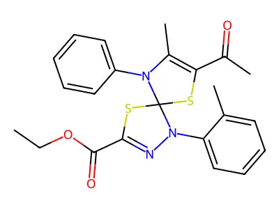 ethyl 7-acetyl-8-methyl-1-(2-methylphenyl)-9-phenyl-4,6-dithia-1,2,9-triazaspiro[4.4]nona-2,7-diene-3-carboxylate structure