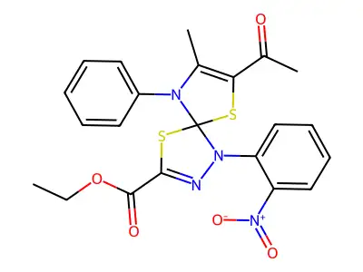 ethyl 7-acetyl-8-methyl-1-(2-nitrophenyl)-9-phenyl-4,6-dithia-1,2,9-triazaspiro[4.4]nona-2,7-diene-3-carboxylate structure