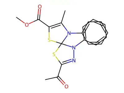 methyl 3-acetyl-8-methyl-1,9-diphenyl-4,6-dithia-1,2,9-triazaspiro[4.4]nona-2,7-diene-7-carboxylate structure