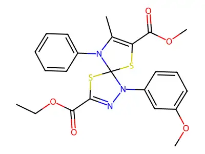 3-ethyl 7-methyl 1-(3-methoxyphenyl)-8-methyl-9-phenyl-4,6-dithia-1,2,9-triazaspiro[4.4]nona-2,7-diene-3,7-dicarboxylate structure