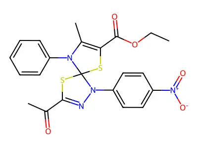 ethyl 3-acetyl-8-methyl-1-(4-nitrophenyl)-9-phenyl-4,6-dithia-1,2,9-triazaspiro[4.4]nona-2,7-diene-7-carboxylate structure
