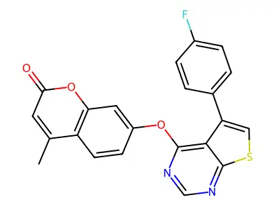 7-((5-(4-fluorophenyl)thieno[2,3-d]pyrimidin-4-yl)oxy)-4-methyl-2H-chromen-2-one structure