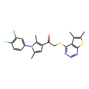 1-(1-(3-chloro-4-fluorophenyl)-2,5-dimethyl-1H-pyrrol-3-yl)-2-((5,6-dimethylthieno[2,3-d]pyrimidin-4-yl)thio)ethanone structure