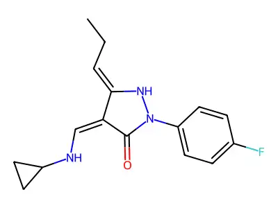 4-[(cyclopropylamino)methylidene]-2-(4-fluorophenyl)-5-propylidenepyrazolidin-3-one structure