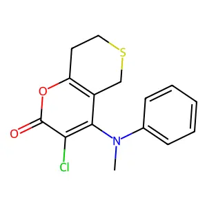 3-chloro-4-(N-methylanilino)-7,8-dihydro-5H-thiopyrano[4,3-b]pyran-2-one structure