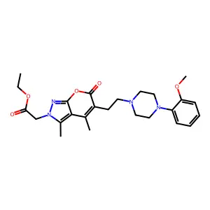 Pyrano[2,3-c]pyrazole-2(6H)-acetic acid, 5-[2-[4-(2-methoxyphenyl)-1-piperazinyl]ethyl]-3,4-dimethyl-6-oxo-, ethyl ester structure