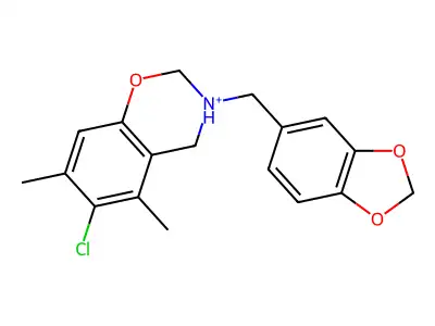 3-(1,3-benzodioxol-5-ylmethyl)-6-chloro-5,7-dimethyl-3,4-dihydro-2H-1,3-benzoxazin-3-ium structure