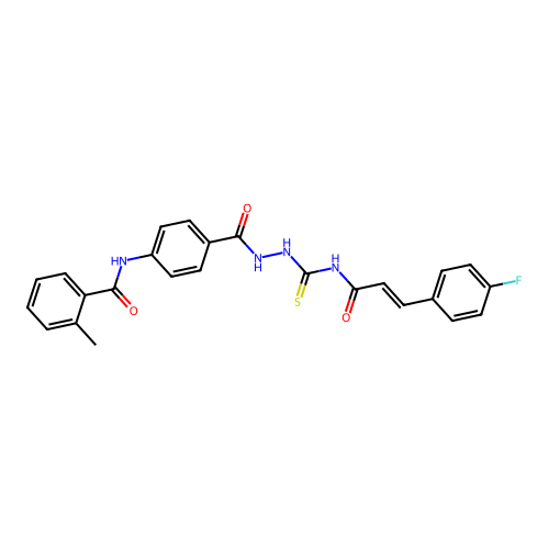 N-(4-{[2-({[3-(4-fluorophenyl)acryloyl]amino}carbonothioyl)hydrazino]carbonyl}phenyl)-2-methylbenzamide structure