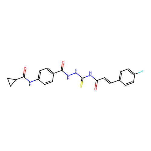 N-(4-{[2-({[3-(4-fluorophenyl)acryloyl]amino}carbonothioyl)hydrazino]carbonyl}phenyl)cyclopropanecarboxamide structure