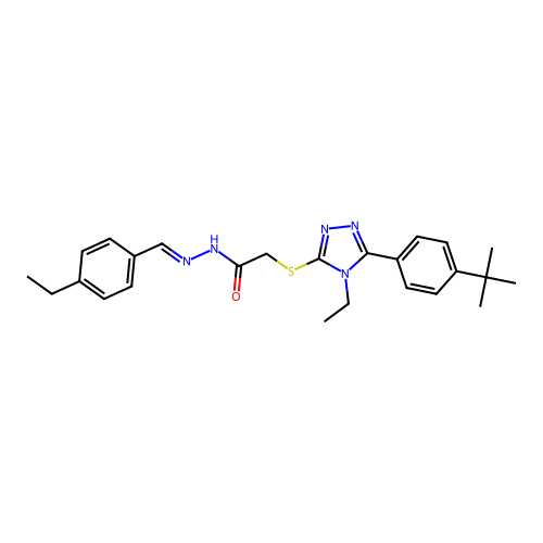 (E)-2-((5-(4-(tert-butyl)phenyl)-4-ethyl-4H-1,2,4-triazol-3-yl)thio)-N'-(4-ethylbenzylidene)acetohydrazide structure