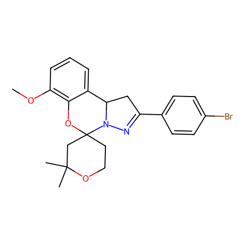 2'-(4-bromophenyl)-7'-methoxy-2,2-dimethyl-1',2,3,5,6,10b'-hexahydrospiro[pyran-4,5'-pyrazolo[1,5-c][1,3]benzoxazine] structure