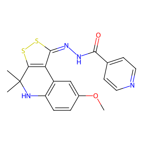 (E)-N'-(8-methoxy-4,4-dimethyl-4,5-dihydro-1H-[1,2]dithiolo[3,4-c]quinolin-1-ylidene)isonicotinohydrazide structure