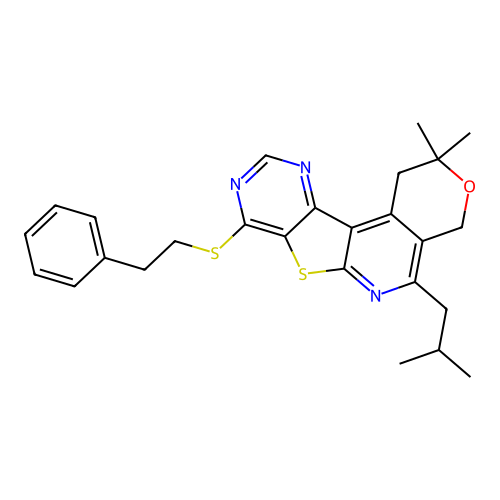 2,2-dimethyl-5-(2-methylpropyl)-8-[(2-phenylethyl)sulfanyl]-1,4-dihydro-2H-pyrano[4'',3'':4',5']pyrido[3',2':4,5]thieno[3,2-d]pyrimidine structure