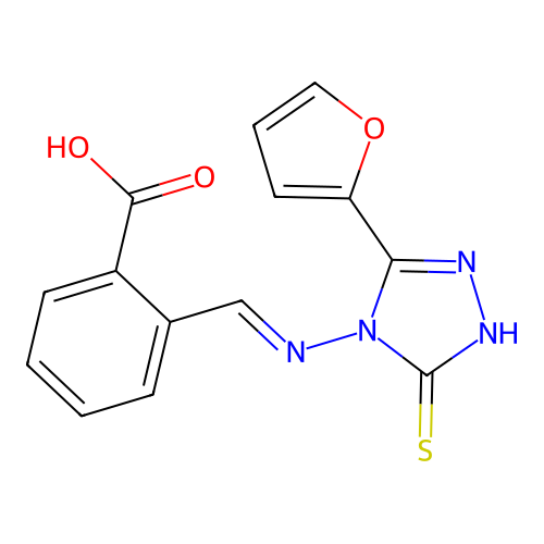 (E)-2-(((3-(furan-2-yl)-5-mercapto-4H-1,2,4-triazol-4-yl)imino)methyl)benzoic acid structure