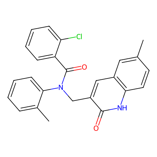 2-chloro-N-[(6-methyl-2-oxo-1H-quinolin-3-yl)methyl]-N-(2-methylphenyl)benzamide structure