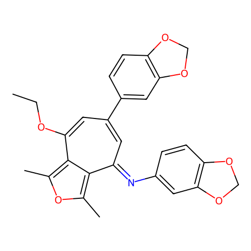 (E)-N-(6-(benzo[d][1,3]dioxol-5-yl)-8-ethoxy-1,3-dimethyl-4H-cyclohepta[c]furan-4-ylidene)benzo[d][1,3]dioxol-5-amine structure
