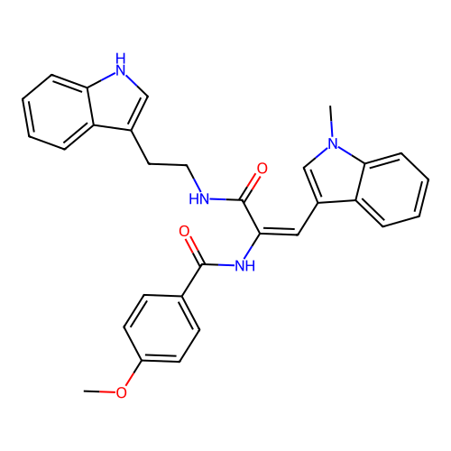 N-[1-[2-(1H-indol-3-yl)ethylcarbamoyl]-2-(1-methylindol-3-yl)ethenyl]-4-methoxy-benzamide structure