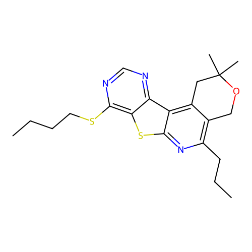8-(butylsulfanyl)-2,2-dimethyl-5-propyl-1,4-dihydro-2H-pyrano[4'',3'':4',5']pyrido[3',2':4,5]thieno[3,2-d]pyrimidine structure
