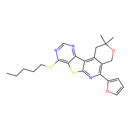 5-(furan-2-yl)-2,2-dimethyl-8-(pentylsulfanyl)-1,4-dihydro-2H-pyrano[4'',3'':4',5']pyrido[3',2':4,5]thieno[3,2-d]pyrimidine structure