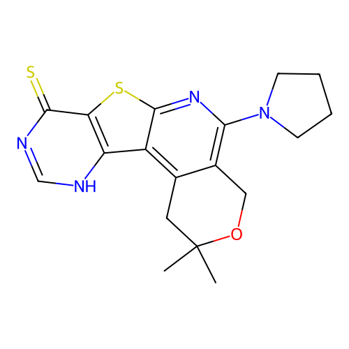 2,2-dimethyl-5-(pyrrolidin-1-yl)-4,9-dihydro-1H-pyrano[4'',3'':4',5']pyrido[3',2':4,5]thieno[3,2-d]pyrimidine-8(2H)-thione structure